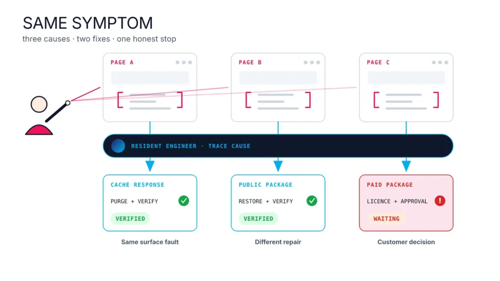 An AI agent traces similar-looking WordPress page faults to cache, a missing public plugin and a missing paid plugin.